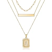 Gold Layered Initial Necklaces for Women, Dainty 14K Gold Plated Paperclip Chain Necklace Handmade Layering Square Initial Pendant Necklaces Set 3PCS Layered Necklaces Gold Jewelry Gifts for Women