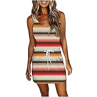SNKSDGM Summer Dresses for Women Pockets V Neck Stripe Sleeveless Tank Mini Dress Spaghetti Strap Tie Waist Ladies Sundress
