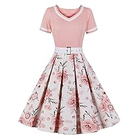 Women 1950s Vintage Short Sleeve Peter Pan Collar Retro Swing A Line Midi Summer Dress Cocktail Party Evening Prom Gown