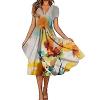 Women's Fashion and All-Match Summer Temperament V-Neck Printed Short-Sleeved Dress