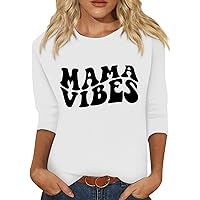 Mama Shirts for Women Cute Casual Mama Letter Printed 3/4 Sleeve Crew-Neck Loose Fit Womens Summer Tops 2024