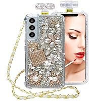 Beauty Floral Phone Case for Samsung Galaxy S24 S23 S22 S21 Ultra Plus FE Perfume Bottle Design TPU Coque with Crossbody Long Leather Lanyard (Floral, Galaxy S22)