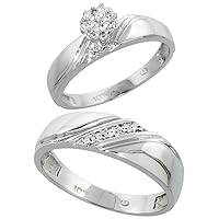 Genuine 10k White Gold Diamond Trio Wedding Sets for Him and Her L Grooves 3-piece 6mm & 4.5mm wide 0.10 cttw Brilliant Cut sizes 5-14