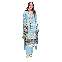 Blue Heavy Embroidered lawn Cotton Muslim Women Wear Straight Salwar Kameez Indian Cocktail Party Suit 1327
