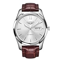 Guanqin Men's Tungsten Steel Case Leather Strap Self Winding Automatic Analog Watch with Luminous Display
