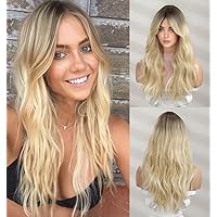 Platinum Blonde Curly Wigs for Women, Ombre Brown Blonde Wig with Bangs, Synthetic Hair Wigs, Shoulder Length Beachy Weave Wig, Light Blonde Hair Wig 18 inch VEDAR-120