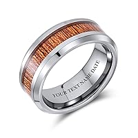 Bling Jewelry Personalized Double Row Wide Stripe Natural Brown Koa Wood Inlay Titanium Wedding Band Rings For Men For Women Silver Tone Comfort Fit 8MM Customizable