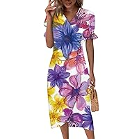 Spring Dresses for Women 2024 Casual V Neck Solid Color Dress Button Short Sleeve Dress Elegant Flowy Midi Dress