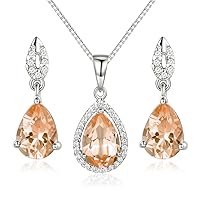 Teardrop Birthstone 925 Sterling Silver Rhodium Plated Gemstone Jewelry Set for Women Stud Earring Pendant Necklace 16~18inch Italian Box chain