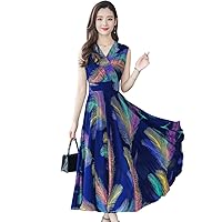 Womens Summer Sleeveless V-Neck Floral Printed A-line Maxi Long Chiffon Dress Casual Party Dresses