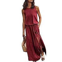 Summer Casual Dress Women Sleeveless Long Maxi Dress Side Slit Designer Style Sundress Female Solid Loose Dress