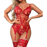 Women Sexy Lingerie Set with Garter Belt Lace Bodysuit Teddy with Panty