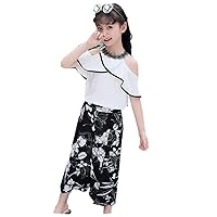 Girls Pullover Off-Shoulder Lace Shirt Top + Floral Cropped Trousers