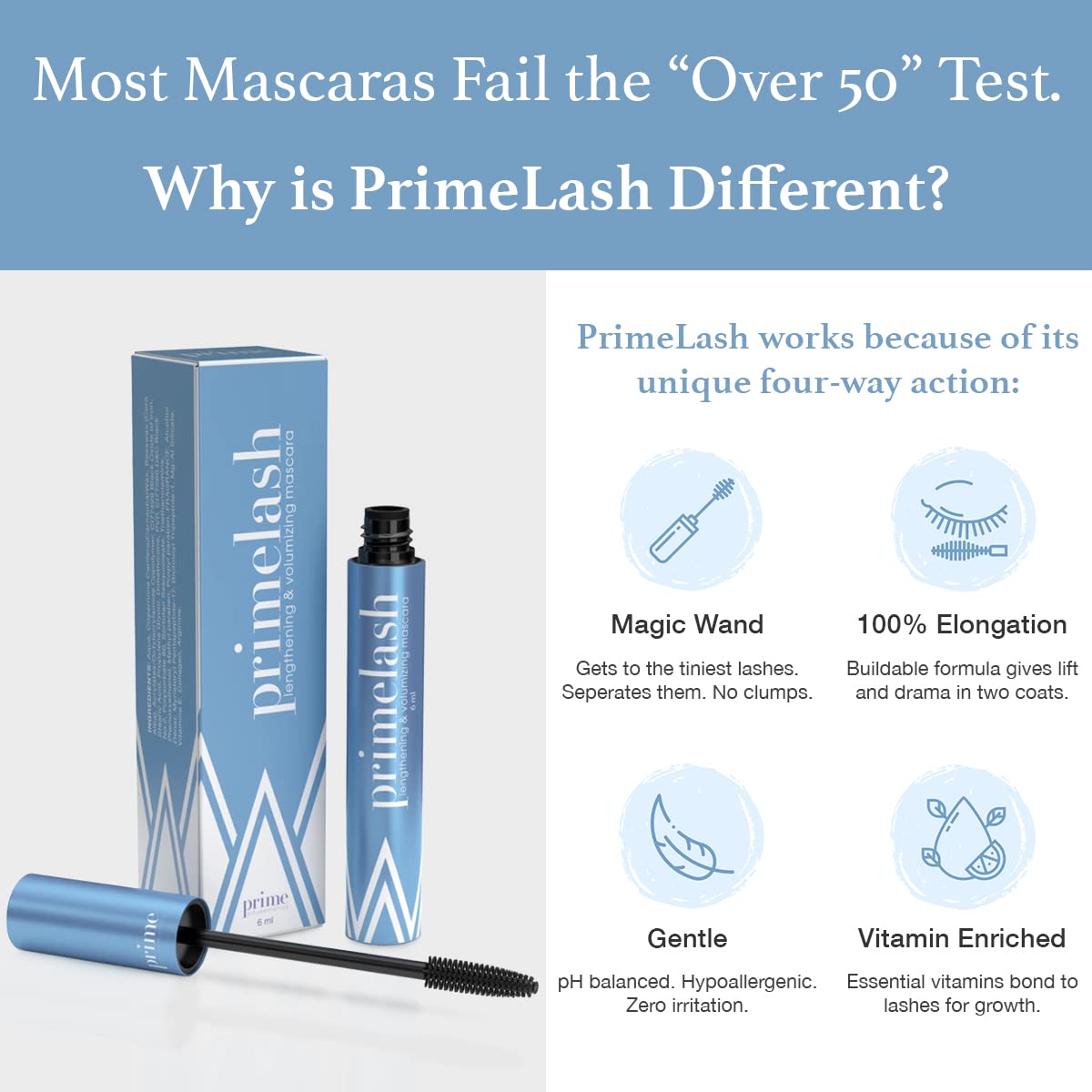 Prime Prometics PrimeLash Mascara for Older Women – Volumizing, Incredible Length in 2 Coats – Long-Stay, Zero Clumps, Hypoallergenic (Black)