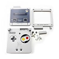 New GBASP Extra Housing Case Shell Classic SFC Grey Color Replacement, for Gameboy Advance GBA SP Handheld Console, Custom Retro Pattern Outer Enclosure + Buttons, Screws, Sticker, Hole Plugs
