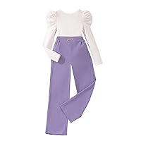 OYOANGLE Girl's 2 Piece Outfits Rib Knit Long Puff Sleeve Tee Top and Wide Leg Pants Set Jumpsuit