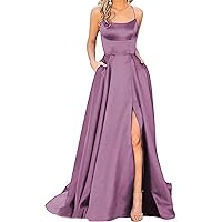 Women's Satin Prom Dresses Long Ball Gown with Slit Backless Spaghetti Straps Halter Formal Evening Party Dress (Wisteria,16,US,Numeric,16,Regular,Regular)