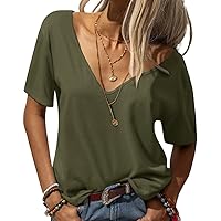 Womens Deep V Neck T Shirts Casual Short Sleeve Loose Fit Basic Fashion Tee Tops