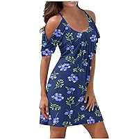 Beach Dresses for Women 2023 Trendy Summer Floral Spaghetti Strap Cold Shoulder Short Sleeve Mini Casual Dress