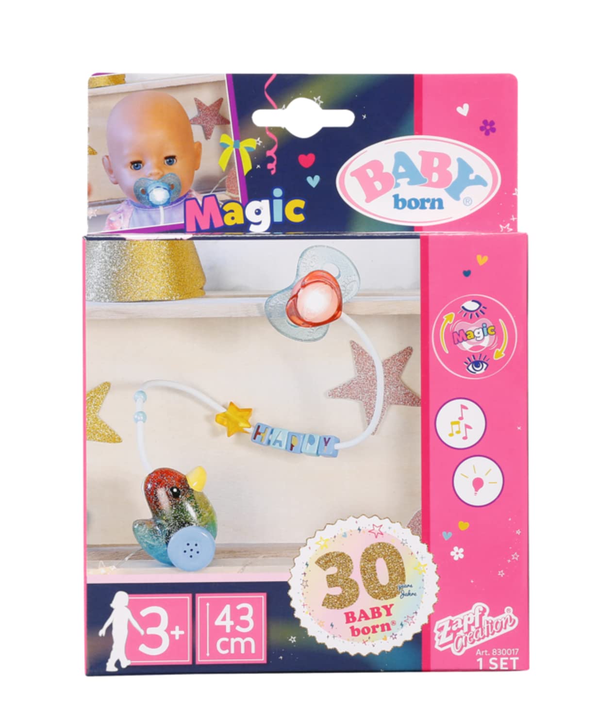 Baby Born 830017 Baby Birthday Interactive Magic Dummy 43 cm-for Toddlers 3 Years and Up-Opens and Closes Doll's Eyes Includes Dummy and Colourful Chain