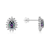 RYLOS Sterling Silver Halo Stud Earrings - 6X4MM Pear Shape Gemstone & Diamonds - Exquisite Birthstone Jewelry for Women & Girls