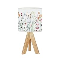 Tripod Bedside Table Lamp Watercolor floral seamless wildflowers plants leaves herbs Panoramic Wood Base Dimmable Nightstand Lamp Fabric Linen Shade Modern Desk Reading Lamp for Bedroom Living Room