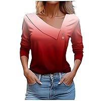 Womens Tops Dressy Casual Long Sleeve Shirts Trendy Asymmetric Lapel Button T-Shirt Loose Gradient Floral Blouses