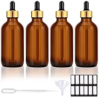 PrettyCare Eye Dropper Bottles 4 oz 4 Pack (Glass Bottles 120ml with Golden Caps, 12 Labels, Funnel & Measured Pipettes) Empty Tincture Bottles for Essential Oils (Amber)