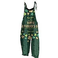 Linen Overalls for Women St. Patrick's Day Cotton Linen Trefoil Printed Loose Fit One Piece Jumpsuits for Women