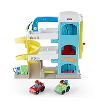 Fisher-Price Little People Toddler Toy Helpful Neighbor's Garage Playset with Spiral Ramp and 2 Wheelies Cars for Ages 18+ Months Multicolor