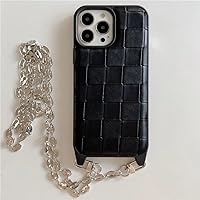 Retro Crossbody Woven Grid Lattice Braided Pattern Leather Cover for iPhone 15 Plus 14 13 12 11 Pro Max Phone Case,Black,for iPhone 13 Pro Max