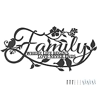 AUHOKY Metal Family Signs Home Wall Decor, Black Family Where Life Begins and Love Never Ends Word Bird on Branch Wall Art Sculptures, Iron Letters Wall Hanging Decoration for Bedroom Kitchen Office
