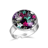 Dark Color Abstract Stars Pattern Adjustable Rings for Women Girls, Stainless Steel Open Finger Rings Jewelry Gifts
