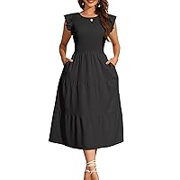 Women's 2024 Summer Dress Casual Flutter Sleeve Smocked High Waist Tiered Midi Dress with Pockets