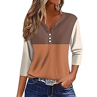 Womens 3/4 Sleeve Blouse Button Down Summer Tops V Neck T Shirts Henley Blouses Three Quarter Sleeve Tops Clothes
