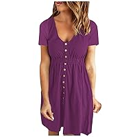 Summer Casual Button Down Dress for Women Solid Color Short Sleeve Crew Neck High Waist Swing Short Tunic Mini Dresses