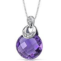 PEORA 3.50 Carats Amethyst and Diamond Solitaire Pendant for Women 14K White Gold, Genuine Gemstone, Large Round Checkerboard Cut 10mm