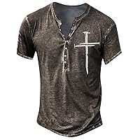 WENKOMG1 Mens Cotton Blend Texture Gothic Skull Printing Henley Shirt,Summer Short Sleeve Distressed Look Retro T-Shirt