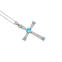 Natural Swiss Blue Topaz 7 MM Heart Gemstone Holy Cross Pendant Necklace 925 Sterling Silver December Birthstone Blue Topaz Jewelry Proposal Necklace Bridal Gift For Her (PD-8549)