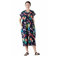 Women's Casual Loose Summer Retro V-Neck Short Sleeve Soft Maxi Cotton Linen Dress