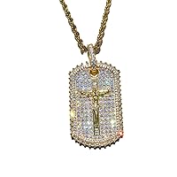 Baguette Cross Dog Tag Men Women 925 Italy Gold Finish Iced Silver Charm Ice Out Pendant Stainless Steel Real 2 mm Rope Chain Necklace, Mens Jewelry, Iced Pendant, Rope Necklace 16