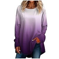 Women's Y2K Tops Casual Plus Sizelong Sleeved Round Neck Gradient Printing T-Shirt Top Pullover Tops, S-3XL