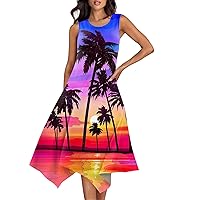 Cute Sun Dresses Hawaiian Dresses for Women Summer Print Casual Fashion Elegant Ceach Dress Sleeveless Round Neck Flowy Dresses Vermilion X-Large