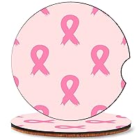 Set of 2, Car Coasters, Breast Cancer Awareness Ribbon Pattern, Absorbent Cork Base Round Car Drinks Cup Holder Coaster