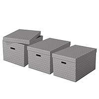 Esselte Large Storage Box With Lid, Pack Of 3, Home/Office Storage & Organisation, 100% Recycled Cardboard, 100% Recyclable, Home Geometric Design, Grey, 628287