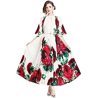 Summer Floral Print Beading Stand O Neck Belt Half Sleeve Women Ladies Casual Party Vacation Midi Long Pleated Dresses