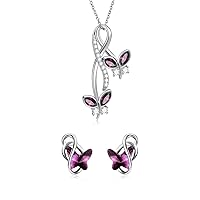 AOBOCO Sterling Silver Infinity Butterfly Necklace & Earrings, Crystal from Austria, Purple Butterfly Gifts for Butterfly Lovers, Anniversary Birthday Jewelry Gifts for Women