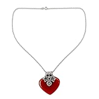 NOVICA Handmade .925 Sterling Silver Carnelian Heart Shaped Necklace Red Pendant India Aurora Floral Birthstone 'Love Declared'