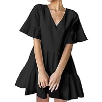 FANCYINN Cute Shift Tunic Dress for Women Ruffle Swing Babydoll Mini Long Sleevee Dress with Pockets