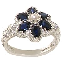 925 Sterling Silver Cultured Pearl and Sapphire Womens Band Ring
